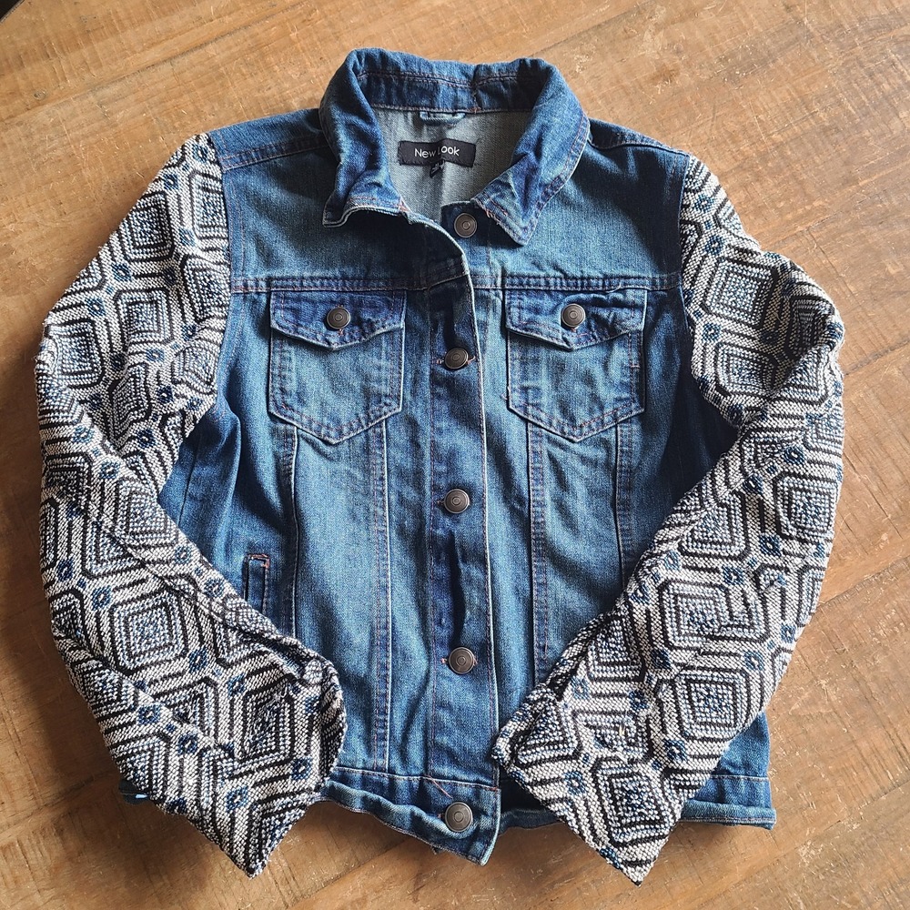 New Look Womens Denim Jean Jacket Sz M Woven Sleeves! Med Wash
